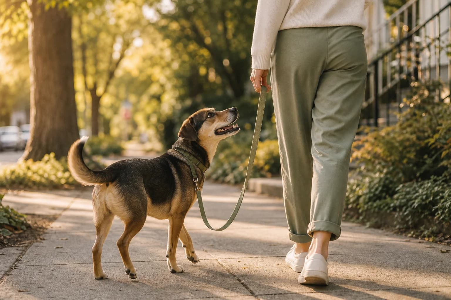 A dog walking calmly beside its owner on a loose leash